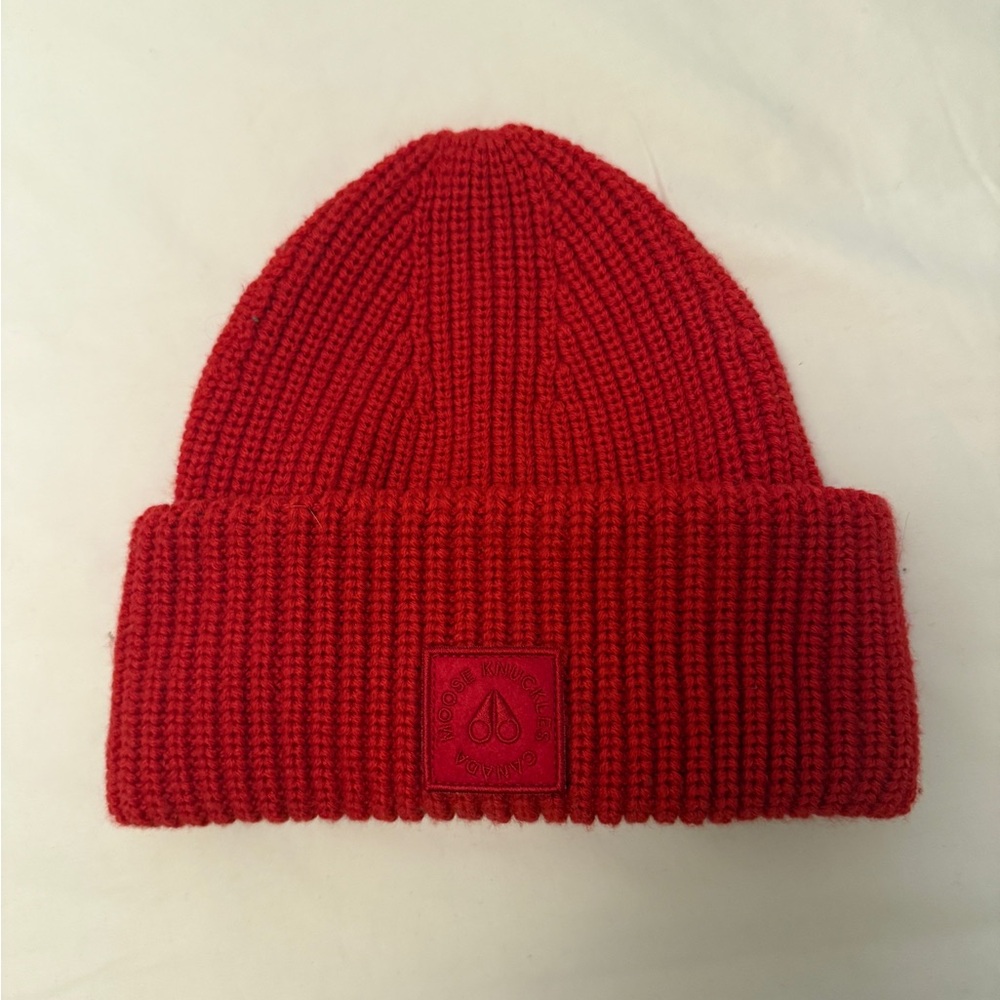 Moose Knuckles Red Knit Beanie with Logo Patch